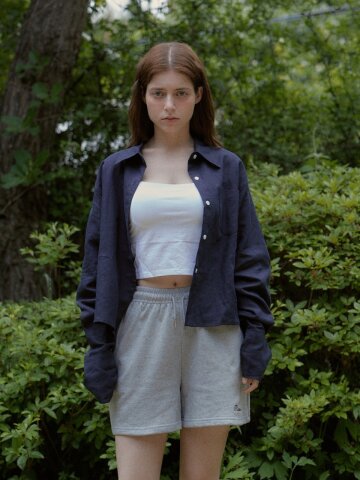 Pocket Crop Linen Shirts (Navy)