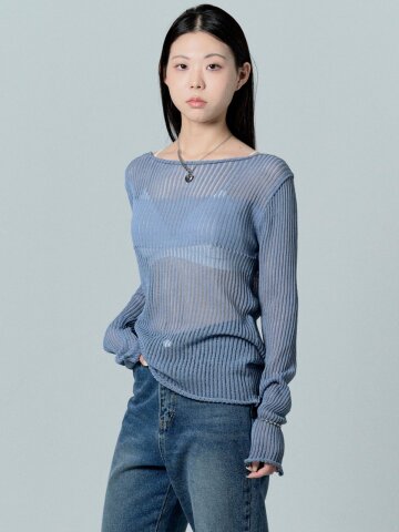 skashi modify net detail boat neck knit_vintageblue