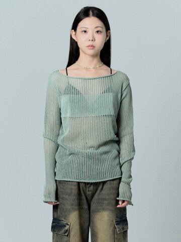 skashi modify net detail boat neck knit_mint