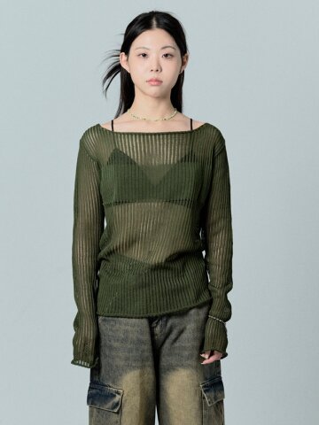 skashi modify net detail boat neck knit_khaki