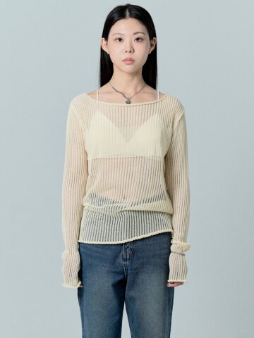 skashi modify net detail boat neck knit_ivory