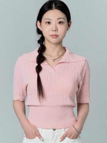 boucle cotton cable collar half knit_pink