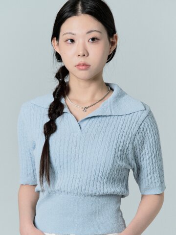 boucle cotton cable collar half knit_blue
