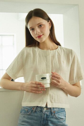 멜리 라운드넥 린넨 블라우스 Ivory