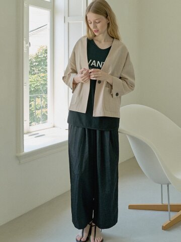 Volume Sleeve Linen Cardigan Jacket - Beige