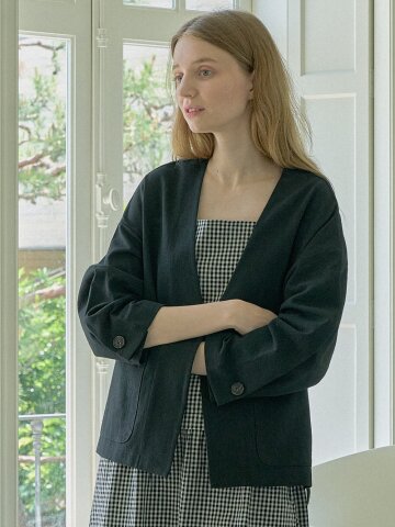 Volume Sleeve Linen Cardigan Jacket - Black