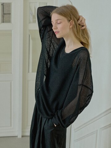 See Through Overfit Knit Pullover - BLACK