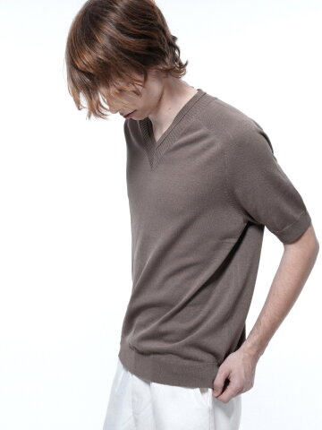 Reglan Line V-neck Half Knit - Brown