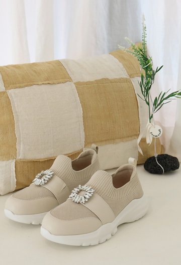 머랭고 천연 소가죽 큐빅앤니트 스니커즈 3.5cm M24M09