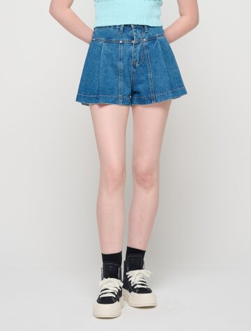 에이라인 핀턱 데님 숏팬츠 (다크블루)