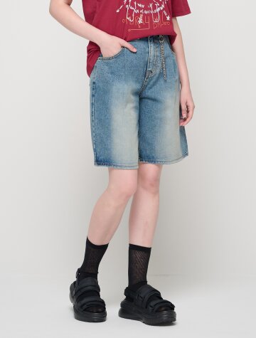 원턱 빈티지 워싱 버뮤다 데님 팬츠 (빈티지블루)