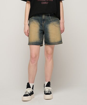 프론트 워싱 와이드 데님 반바지 (진청)