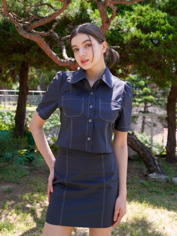 [SET] 스티치 하프 크롭 셔츠 + 미니 스커트 네이비
