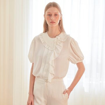 [LINE] Unbalanced Shirring Frill Blouse (Ivory)