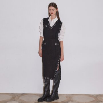 [LINE] Stitch Layered Knit Dress (Black)