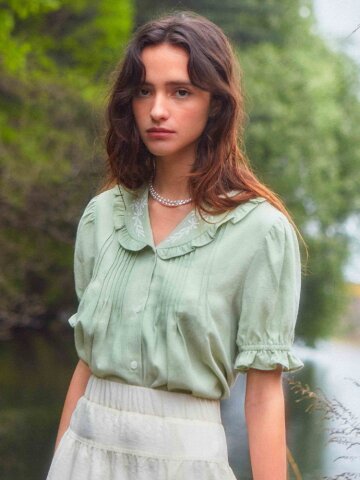 Embroidered Pintuck Puff Blouse (Green)