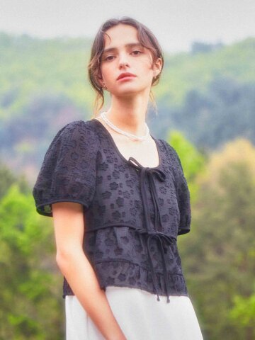 Flower Pipping Ribbon Blouse (Black)