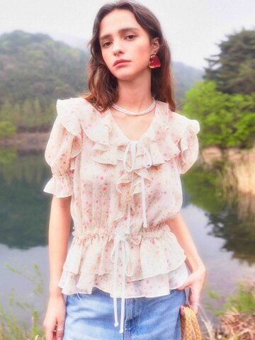 Frill Chiffon Ribbon Blouse (Flower)