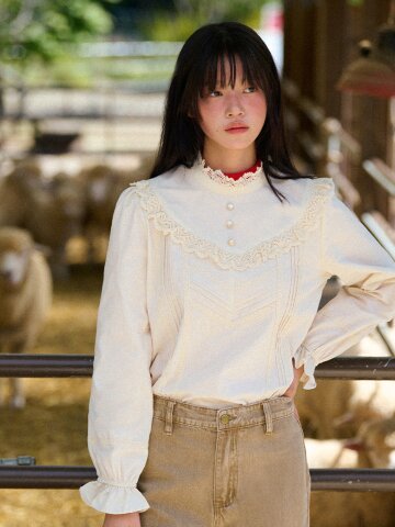 High-Neck Lace-Frill Blouse (Beige)