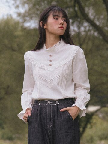 High-Neck Lace-Frill Blouse (Ivory)