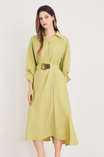 슬리브 포인트 백 밴딩 원피스 