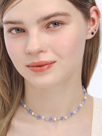 핸드메이드 블루꽃 비즈 진주 목걸이 STJ-NB1619GD