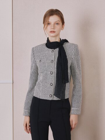 울 자카드 백 밴딩 크롭 재킷 