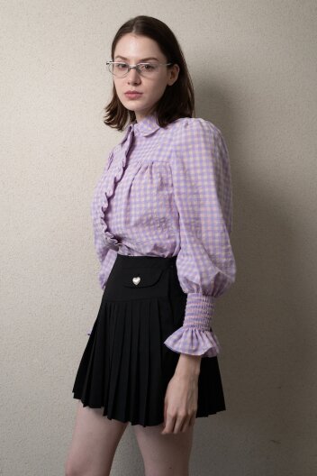 [입점세일] 김숙님, 안혜경님, 정나온님 착용_Bonsoir Blouse (check) 레떼르넬 퍼프소매 프릴 체크 블라우스 