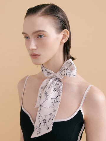 Zodiac Long Twilly Silk Scarf - Cream