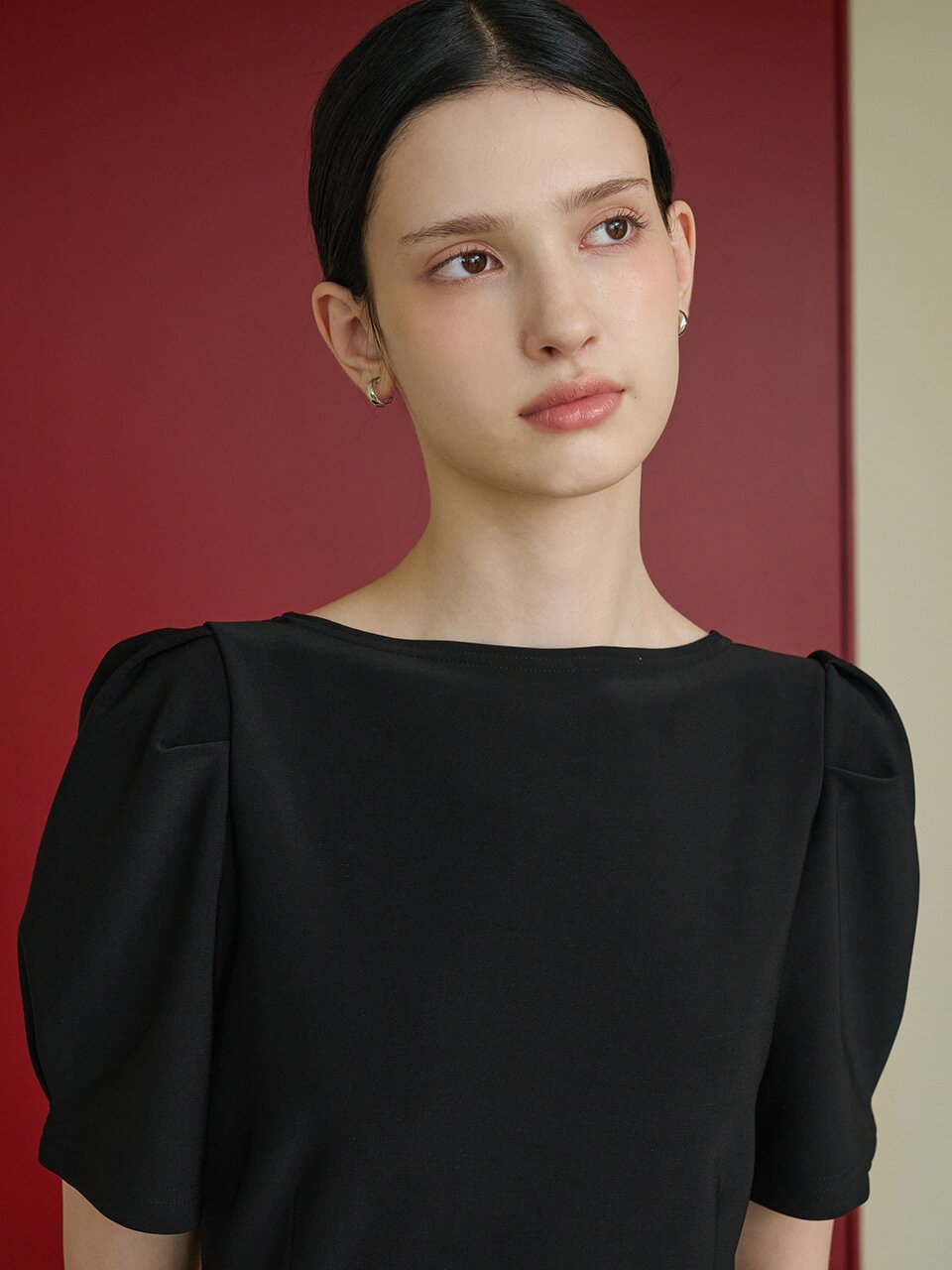 보트넥 퍼프 롱 원피스 블랙 [T43]