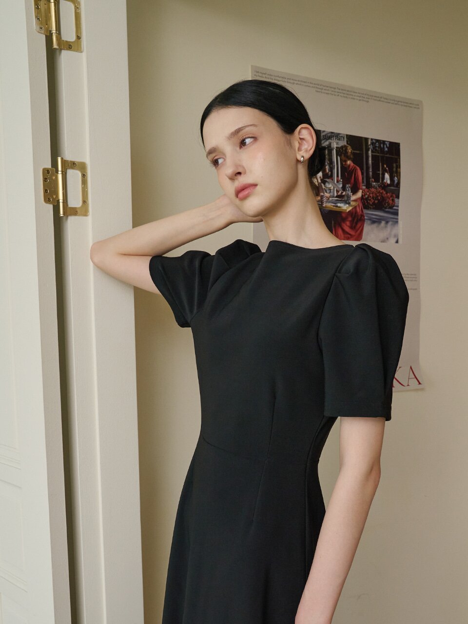 보트넥 퍼프 롱 원피스 블랙 [T43]