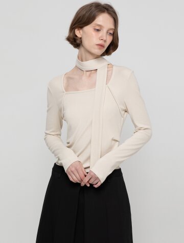 Squareneck shirring T-shirt - Cream