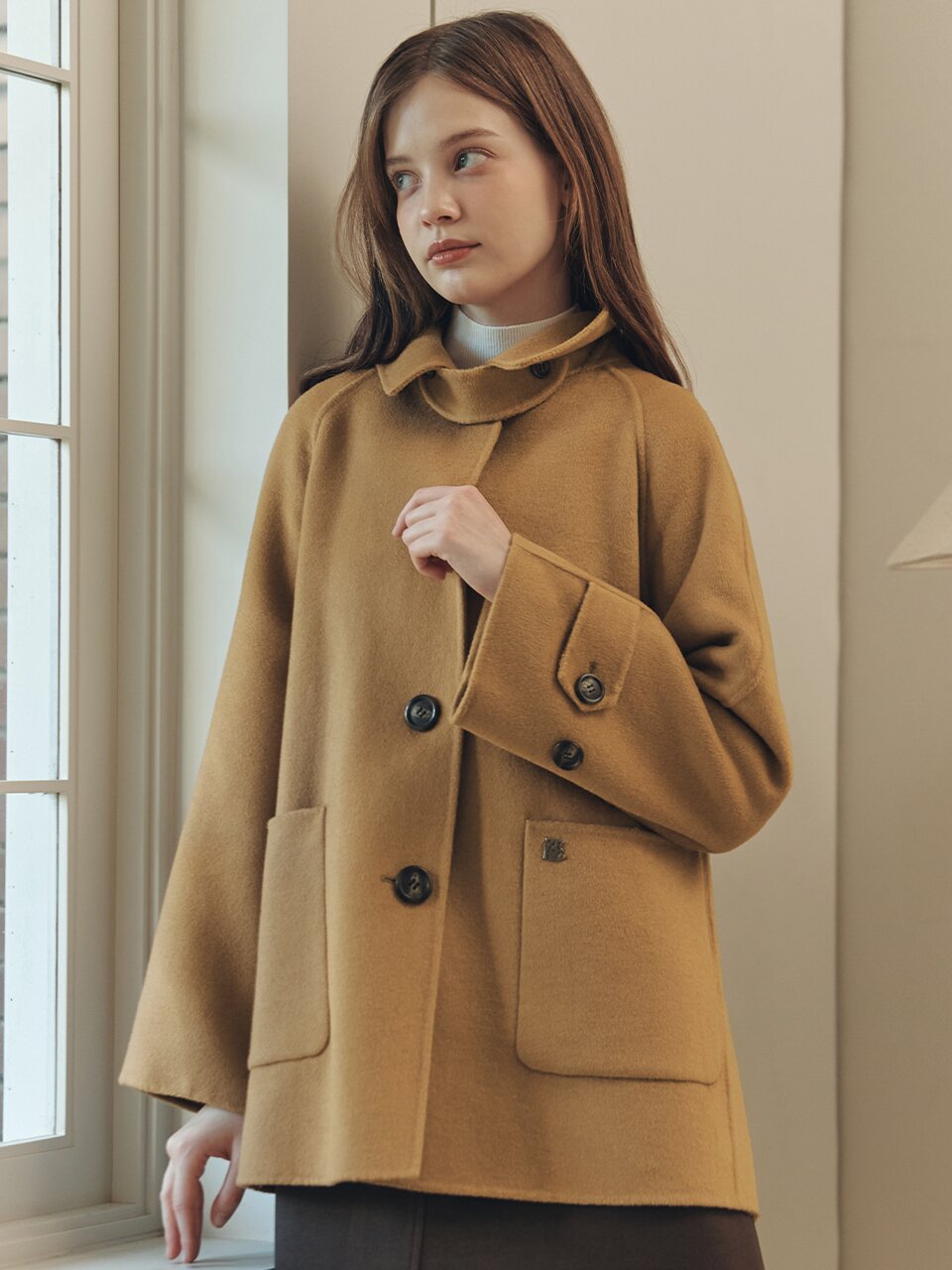 핸드메이드 에이라인 울 하프 코트 / 카멜