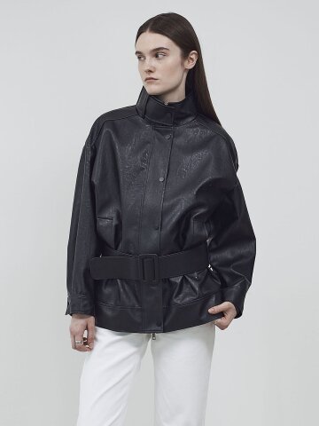 BELTED HIGH NECK LEATHER JUMPER - BLACK