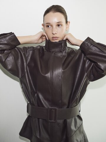 BELTED HIGH NECK LEATHER JUMPER - BROWN