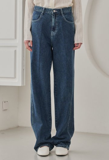 Straight Stitch Denim Pants - Navy