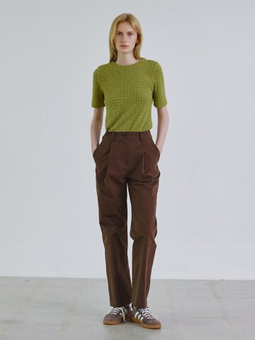 Washed tuck straight cotton pants_BROWN