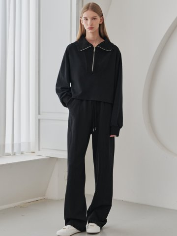 Collar Zip up T-Shirts Set Up - Black