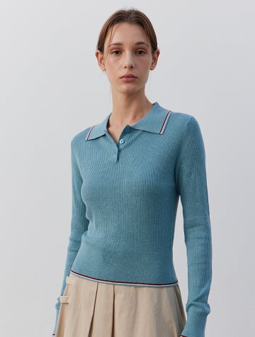 Collar button knit top_BLUE