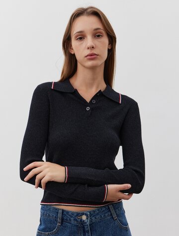 Collar button knit top_BLACK