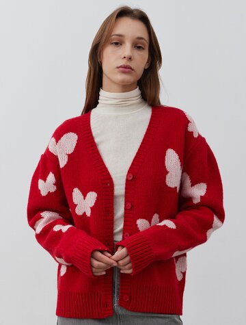 Jacquard weaving knit cardigan-RED