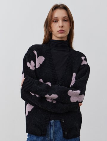 Jacquard weaving knit cardigan-BLACK