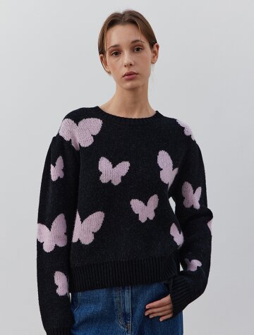 Jacquard weaving knit fullover-BLACK