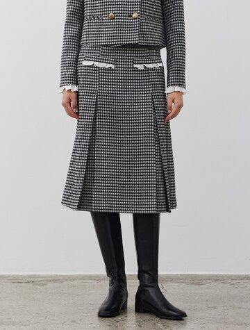 WOOL CHECK MIDI SKIRT-GRAY