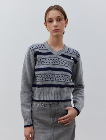 V-neck Jacquard weaving knit fullover-GRAY