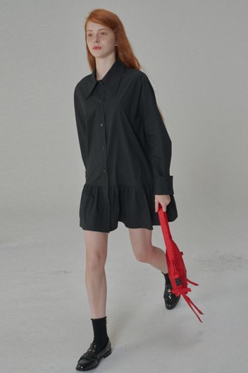 코튼 셔링 미니 셔츠 원피스 블랙