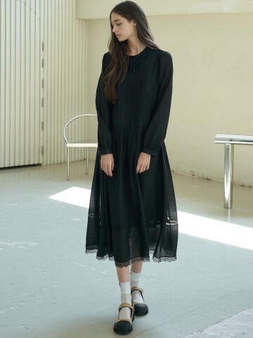 RUFFLE LACE PIN-TUCK DRESS_BLACK