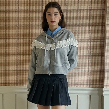 FRILL HOODED ZIP UP _GREY