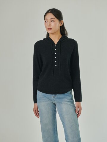 [코엣] 울 후드 니트 탑_차콜