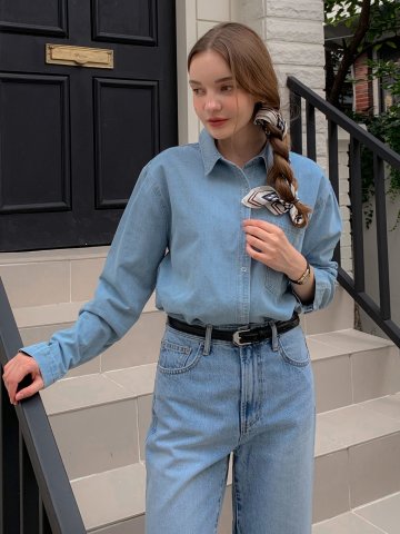 원 포켓 오버핏 데님 셔츠 (2colors)